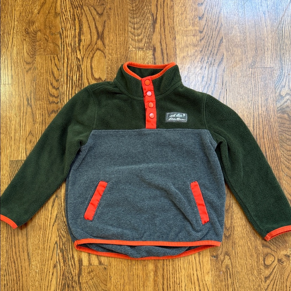 Eddie Bauer Kids Fleece Pullover - Forest Green and Charcoal with Red Accents